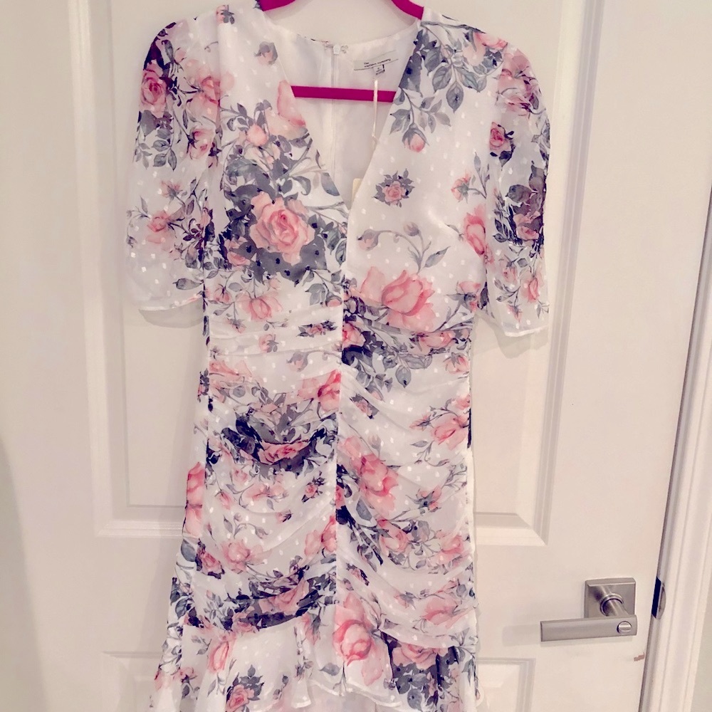 New white, floral, chiffon fitted dress.